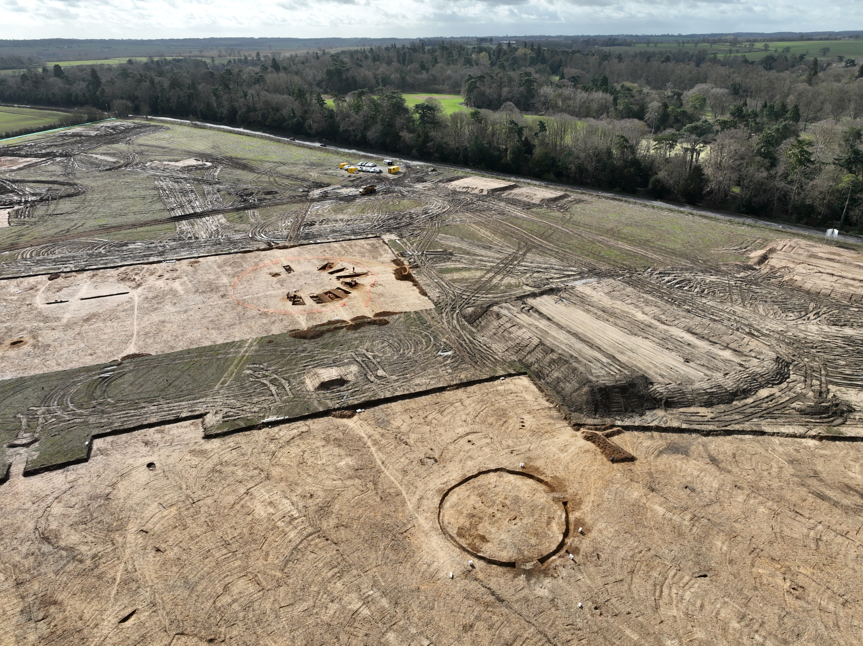 Drone view of the ring ditch and barrow henge.