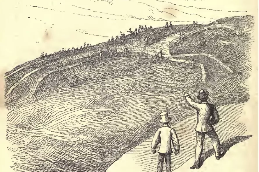 Illustration from Hughes's "The scouring of the White Horse" showing the scouring of the horse which took place in 1857.