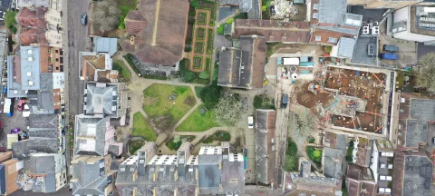 Drone shot of Frewin Hall excavation, Oxford