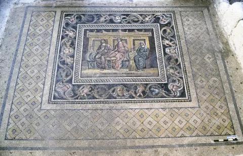A complete mosaic from Zeugma depicting three women wearing masks, probably actors,  dining together