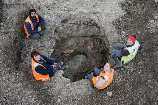A group of archaeologists sit around the edge of a pit containing a double horse burial at its bottom.