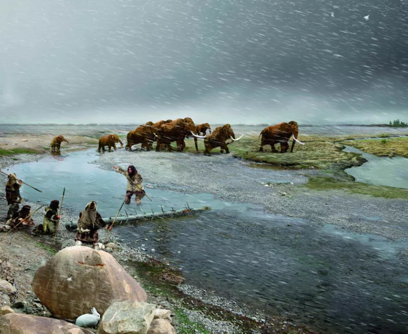 Reconstruction illustration of a river ford in Palaeolithic Britain