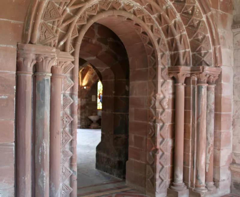 The Romanesque doorway giving access to the west range at the Norton Abbey museum.