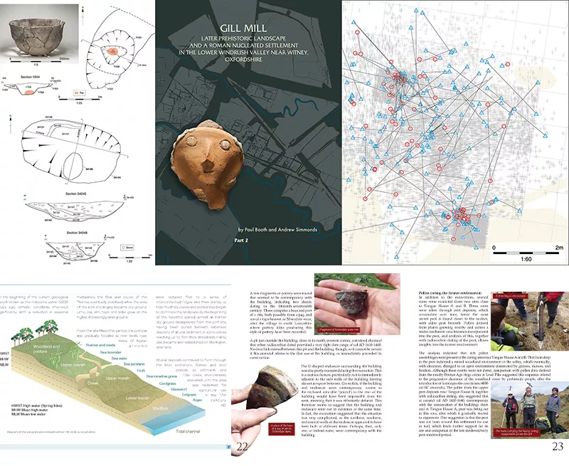 The image shows the cover of the publication about the decades-long excavations at Gill Mill, Oxon. It also shows drawings of excavated features from Great Western Park, Didcot, and Guilford Fire Station to aid interpretation.