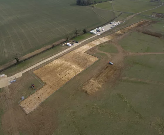 Aerial view of an area of excavation at Grove Hill Farm and Oatleys Farm showing the pit alignment