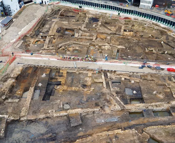 General aerial view of the excavations at Westgate Oxford at their fullest extent showing remains of the Greyfriars precinct