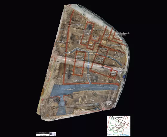 An aerial view of the site make from over 240 drone images overlain with an interpretation of the buildings and features